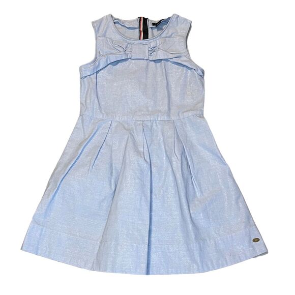 Tommy Hilfiger Girls Blue Shine A Line Dress Zip Size 8 Bow Woven - Picture 2 of 5